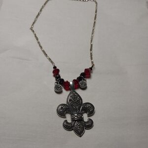 Elegant Silver and Red Fleur-de-Lis Necklace